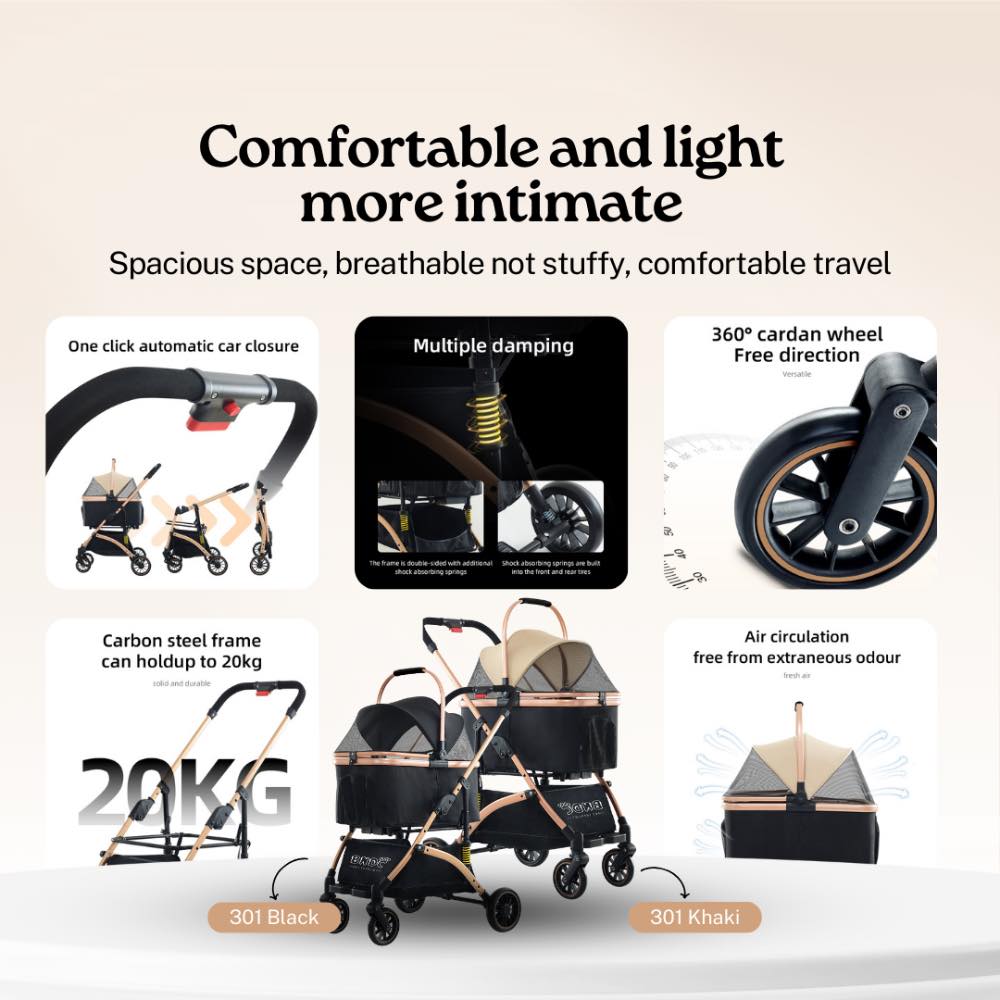 BNDC Pet Stroller 301 For Cats Dogs (Khaki) Kohepets
