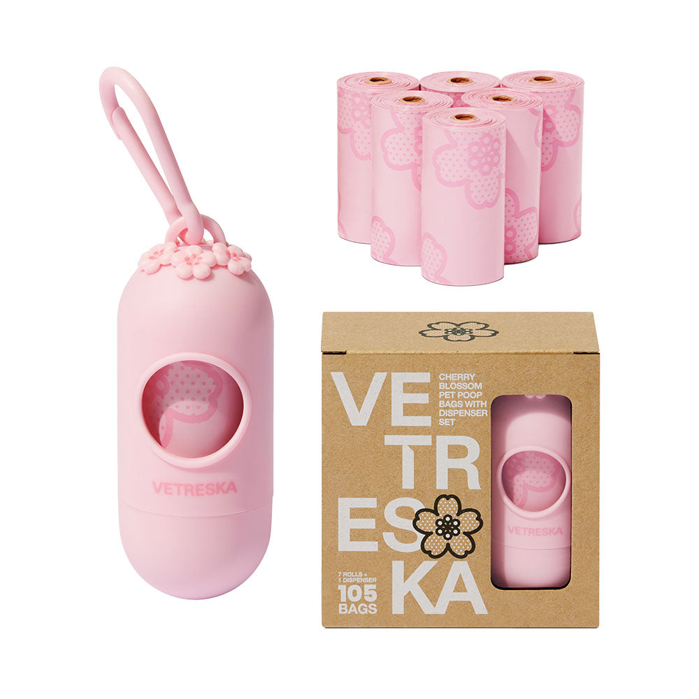 Vetreska Dog Poop Bag Dispenser with Cherry Blossom Scented Poop Bags, Leak Proof, Extra Thick Dog Waste BAGS.