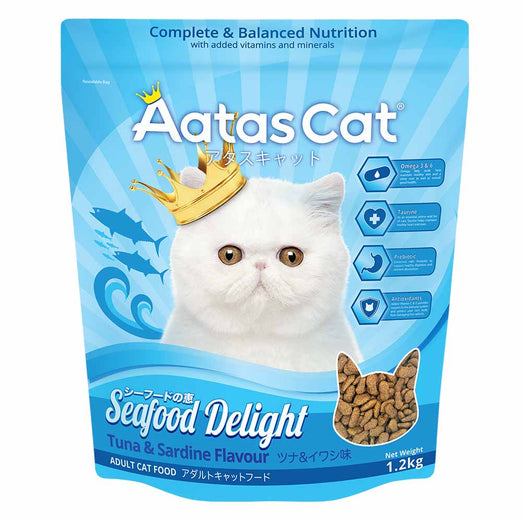 'BUNDLE DEAL w FREE TREATS': Aatas Cat Seafood Delight Adult Dry Cat Food (Tuna & Sardine Flavour) 1.2kg