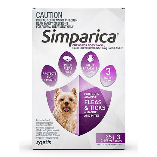 Simparica Anti Flea & Tick Chews For Extra Small Dogs (2.6-5kg) 3ct - Kohepets