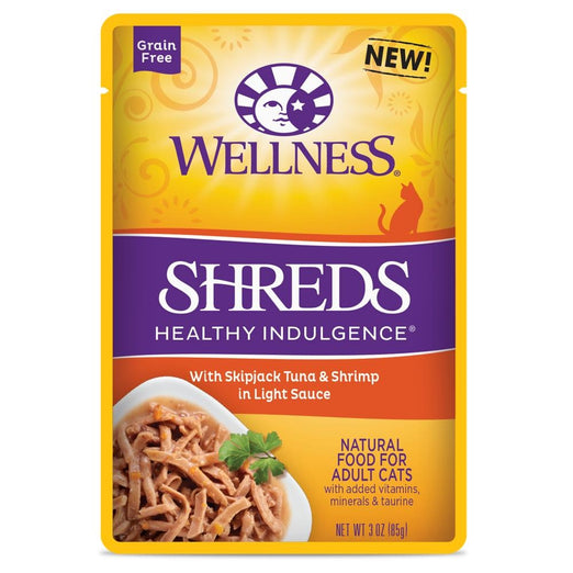 10% OFF: Wellness Healthy Indulgence Shreds Skipjack Tuna & Shrimp In Light Sauce Pouch Cat Food 3oz - Kohepets