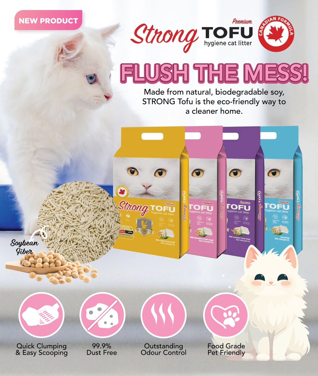 Strong Premium Tofu Hygiene Cat Litter With With Strawberry Fresh Scent 6L