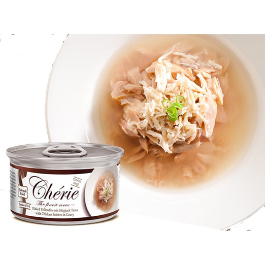 Cherie Flaked Yellowfin Mix Skipjack Tuna With Chicken Entrées In Gravy Canned Cat Food 80g