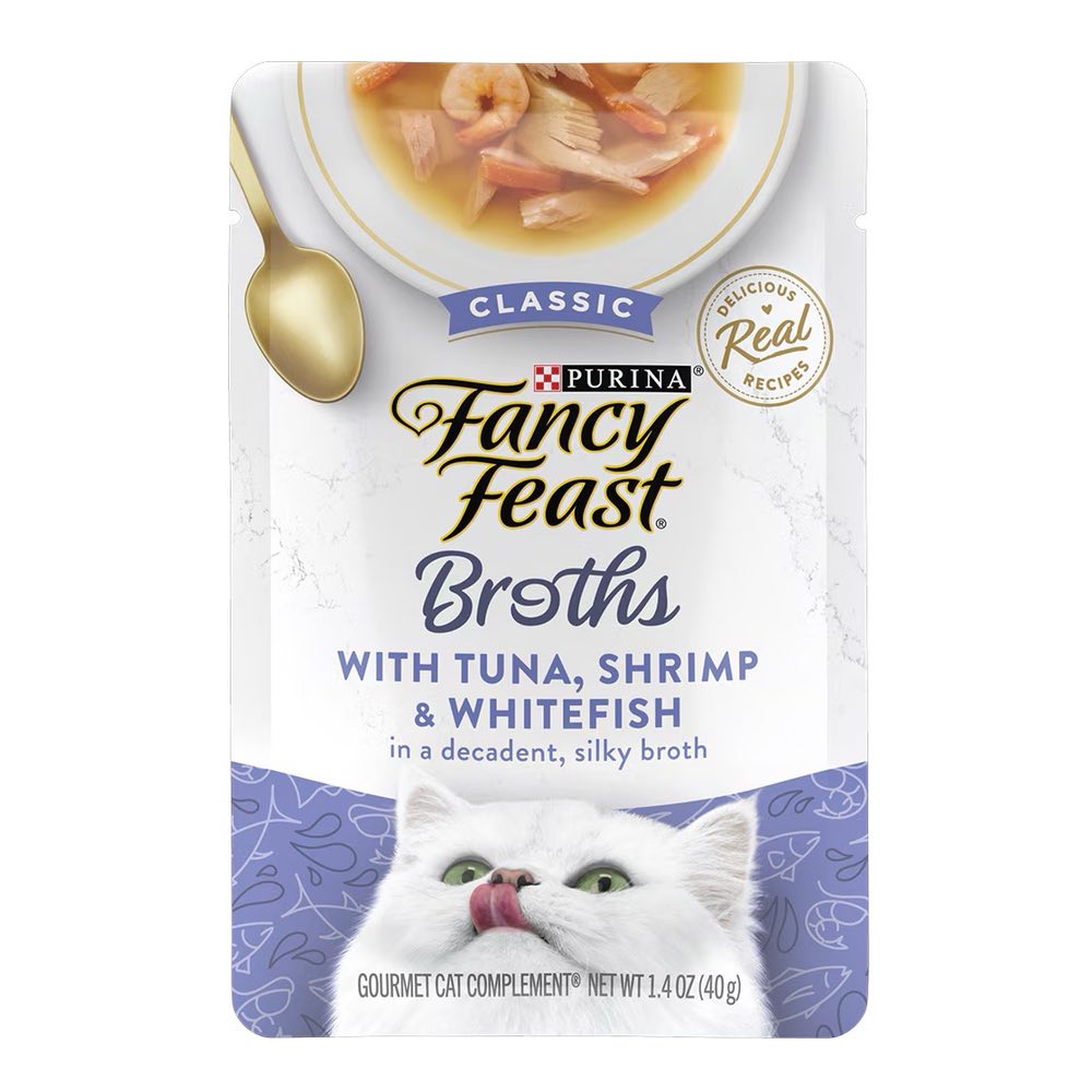12% OFF: Fancy Feast Classic Broths Tuna, Shrimp & Whitefish Pouch Cat Food 40g x 16