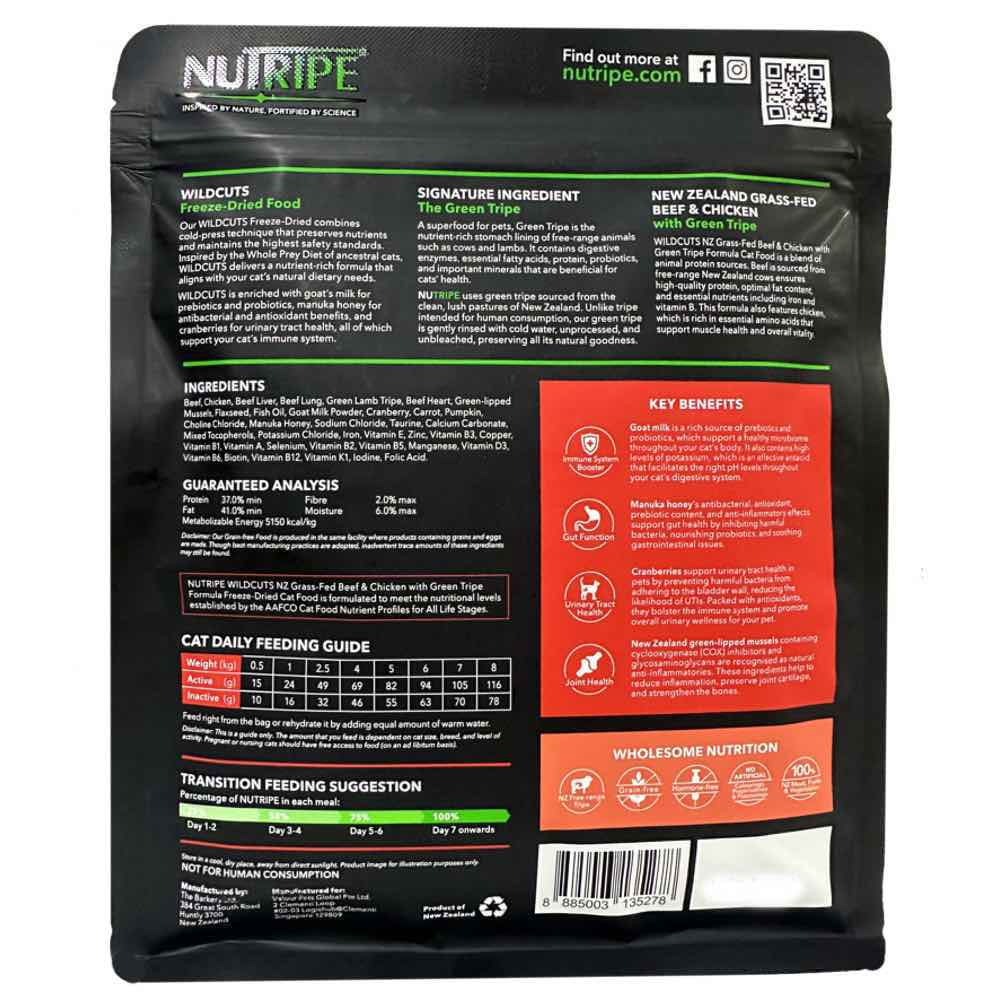 '85% OFF (Exp 18Sep26) +FREE TREAT': Nutripe Wildcuts NZ Grass-Fed Beef & Chicken with Green Tripe Freeze-Dried Raw Cat Food 280g