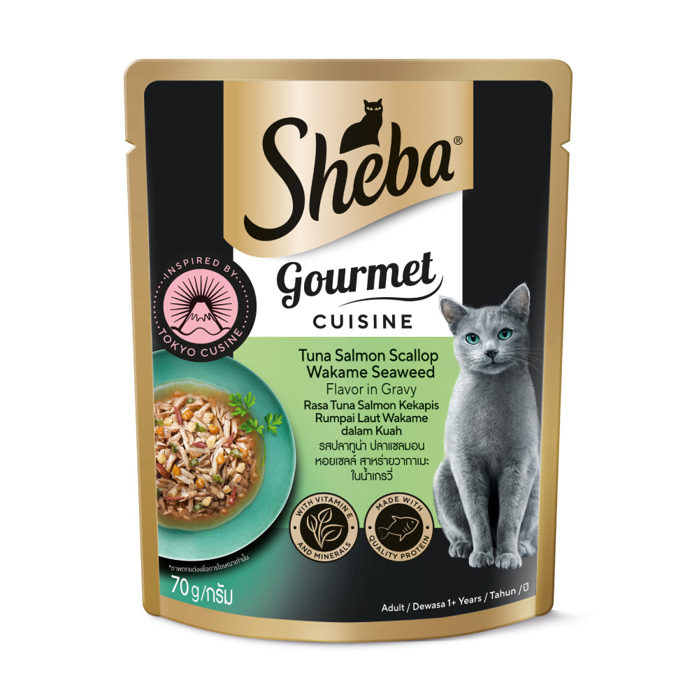 20% OFF: Sheba Gourmet Cuisine Tuna Salmon Scallop Wakame Seaweed in Gravy Pouch Cat Food 70g x 12
