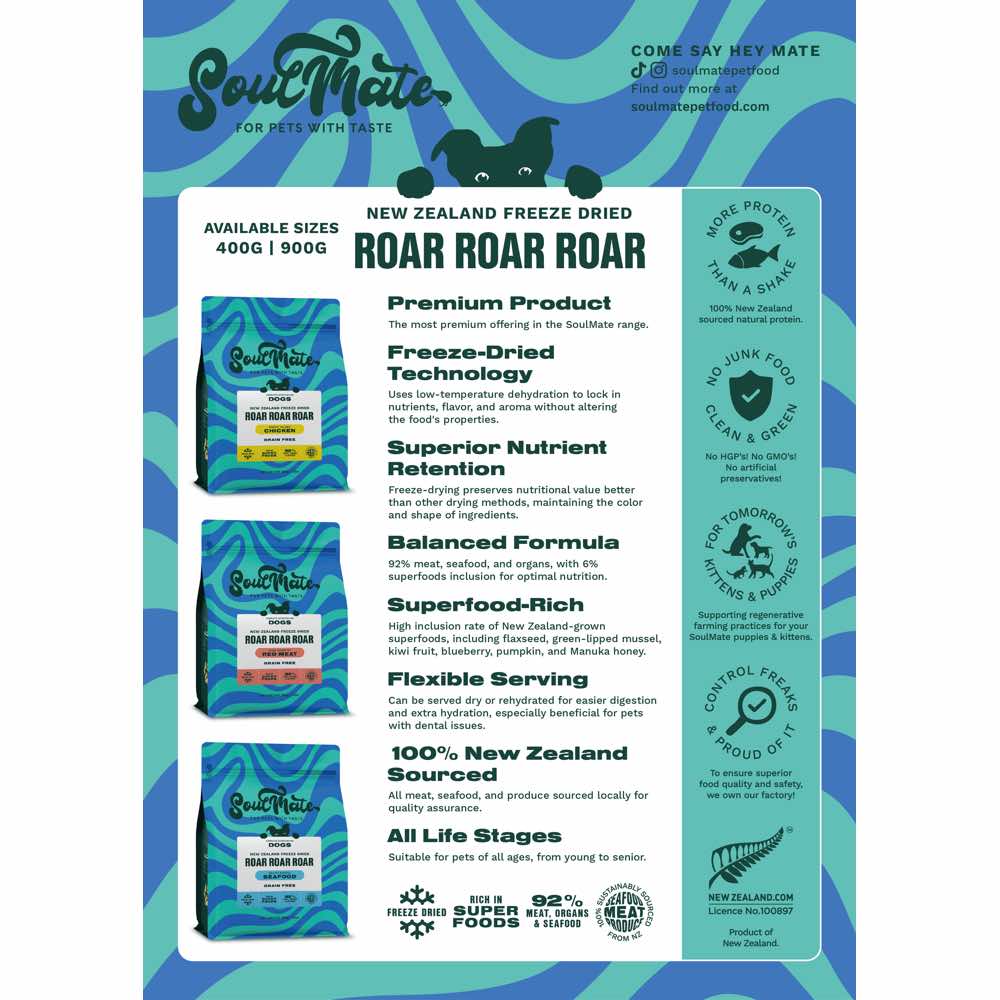 '60% OFF 400g (Exp 27Sep25)': SoulMate Roar Roar Roar New Zealand Chicken Grain Free Freeze Dried Dog Food