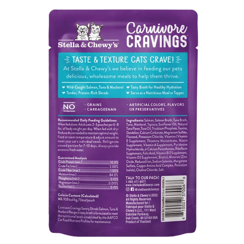 Stella & Chewy's Carnivore Cravings Savory Shreds Salmon, Tuna & Mackerel In Broth Grain-Free Pouch Cat Food 2.8oz - Kohepets