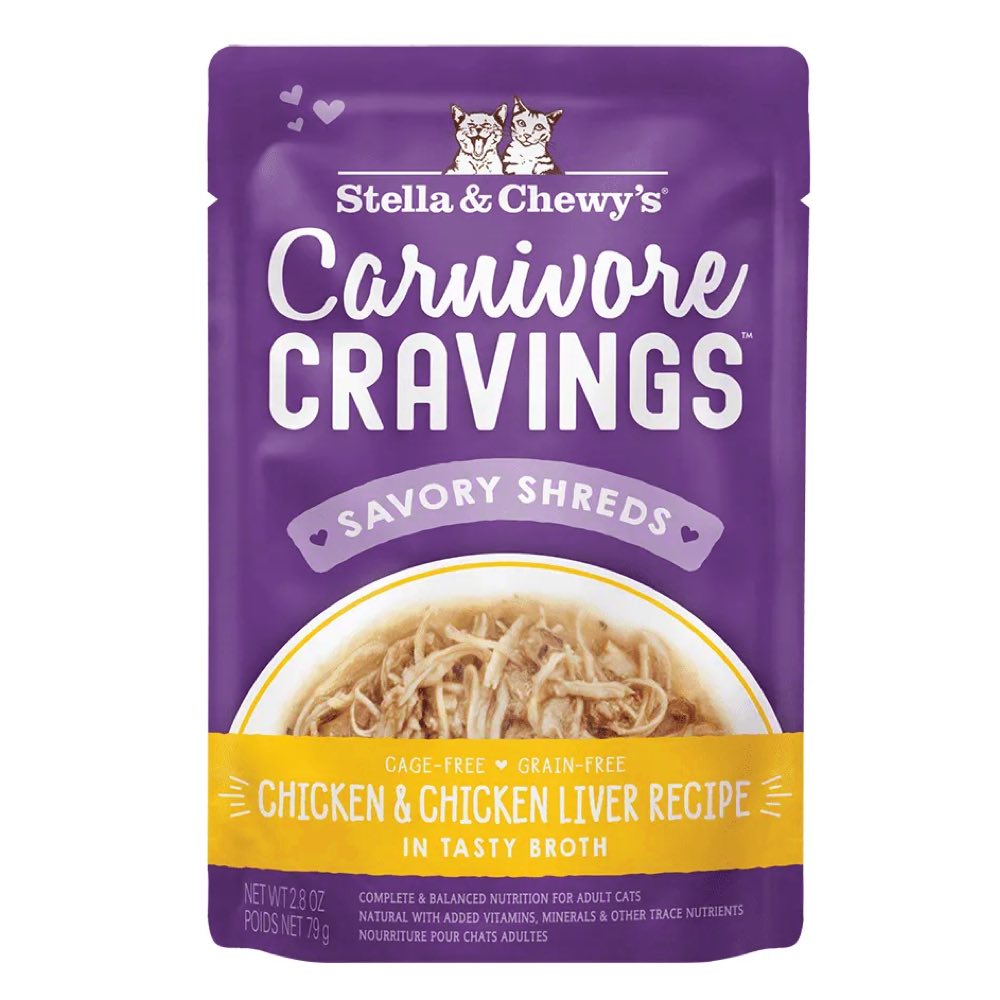 Stella & Chewy's Carnivore Cravings Savory Shreds Chicken & Chicken Liver In Broth Grain-Free Pouch Cat Food 2.8oz