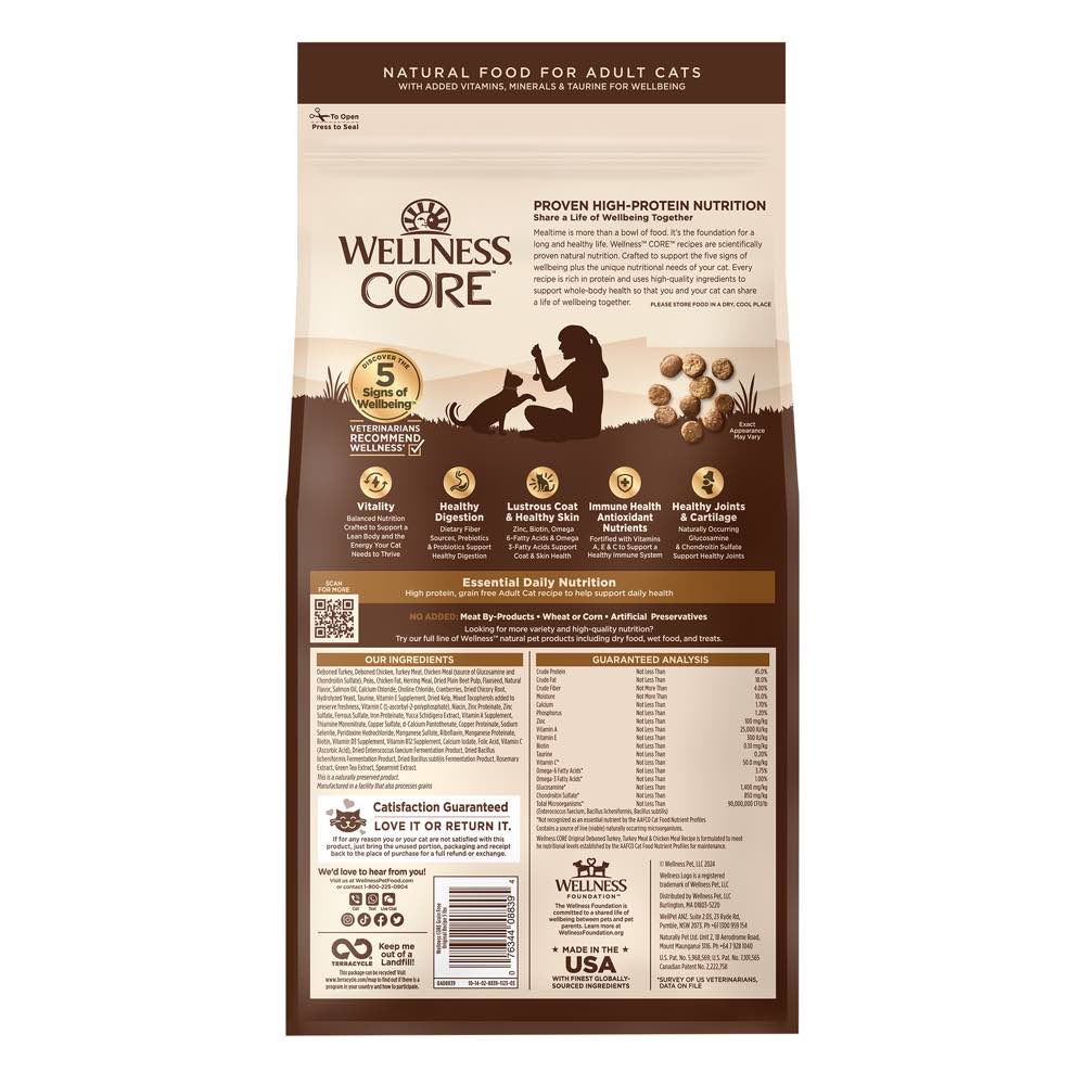 'FREE TREAT': Wellness CORE Original Deboned Turkey, Turkey Meal & Chicken Meal Grain-Free Adult Dry Cat Food