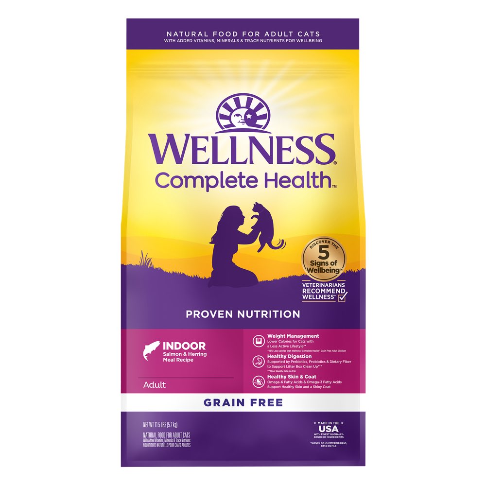 'FREE TREAT': Wellness Complete Health Grain Free Indoor Salmon & Herring Adult Dry Cat Food 11.5lb