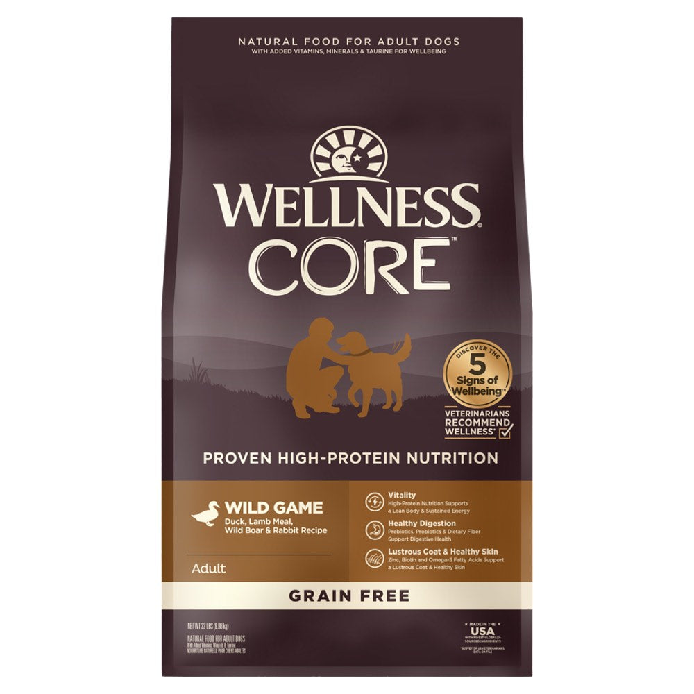 'FREE TREATS w 22lb': Wellness Core Grain-Free Wild Game Formula Dry Dog Food - Kohepets