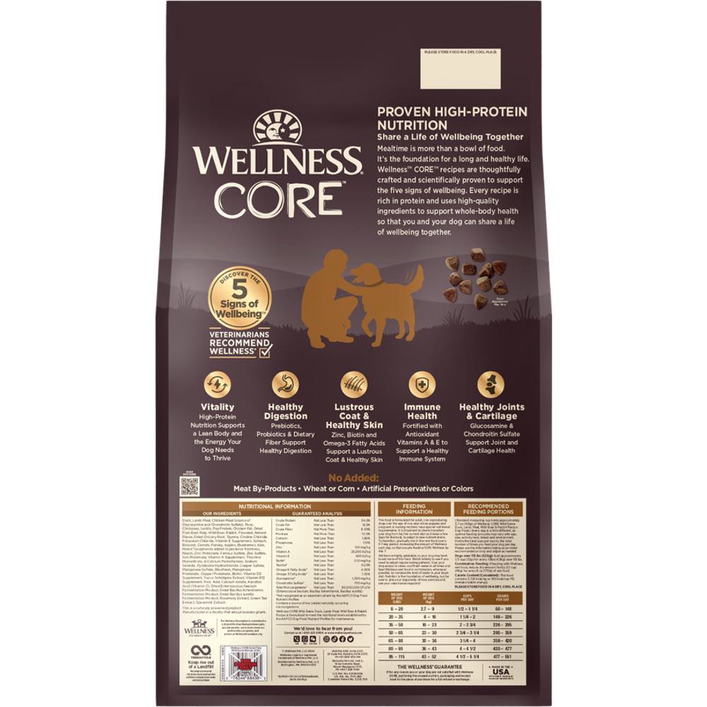 'FREE TREATS w 22lb': Wellness Core Grain-Free Wild Game Formula Dry Dog Food - Kohepets