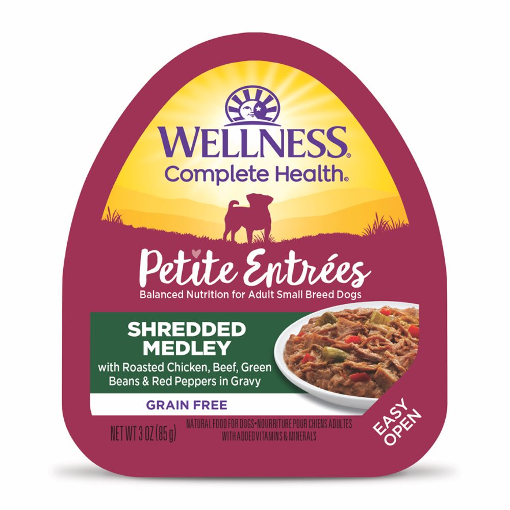 Wellness Petite Entrees Shredded Medley Roasted Chicken, Beef Grain-Free Tray Dog Food 85g