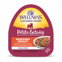 Wellness Petite Entrees Shredded Medley Tender Chicken, Turkey Grain-Free Tray Dog Food 85g