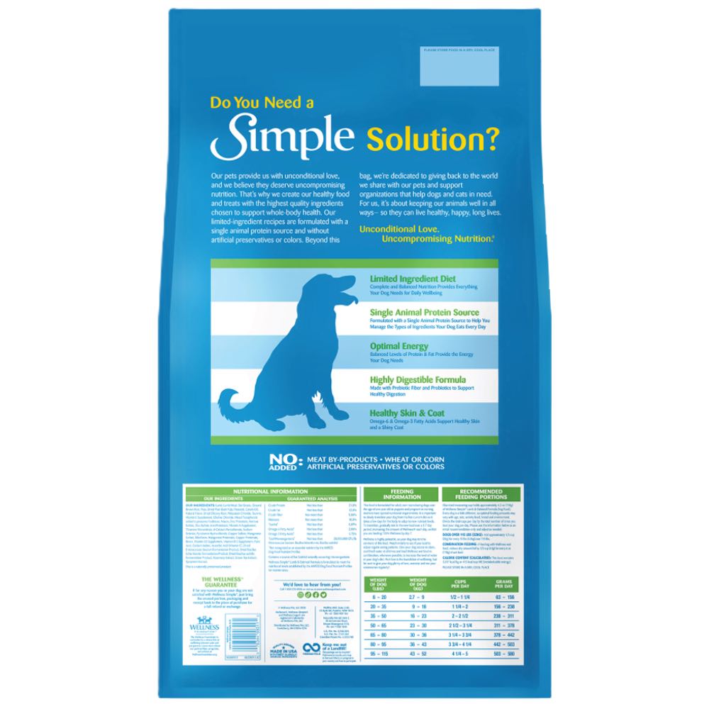 Wellness Simple Lamb & Oatmeal Formula Adult Dry Dog Food 26lb - Kohepets