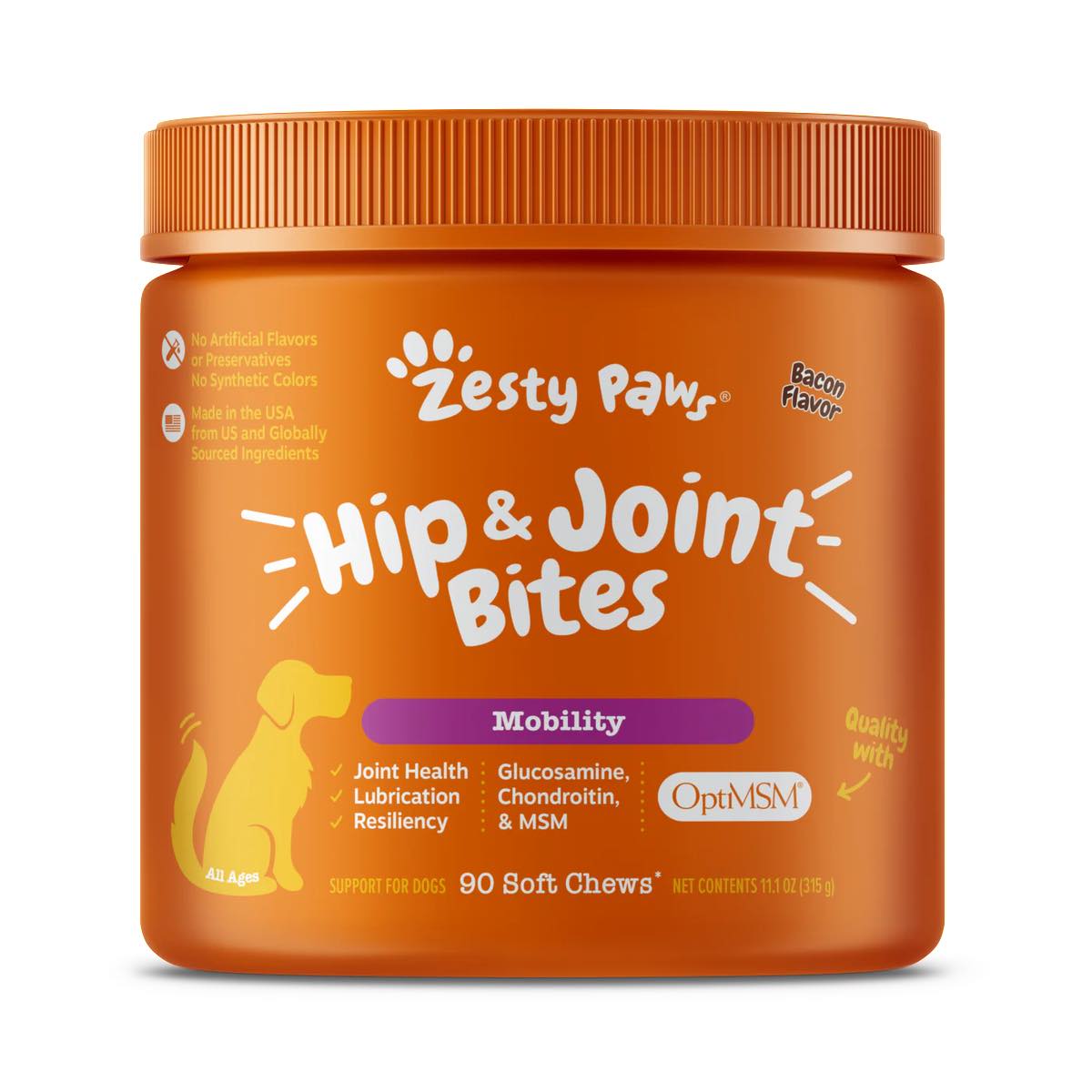 Zesty Paws Hip & Joint Mobility Bites Bacon Flavor Dog Supplement Chews 90ct - Kohepets