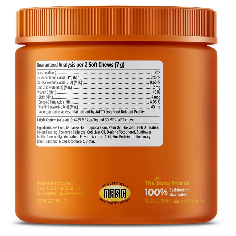 Zesty Paws Skin & Coat Bites Chicken Flavor Dog Supplement Chews 90ct