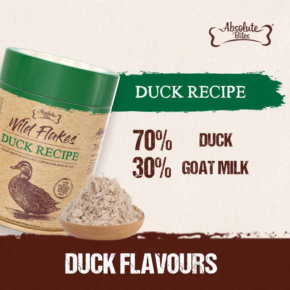 Absolute Bites Duck with Goat Milk Freeze Dried Wild Flakes Toppers for Cats & Dogs 100g