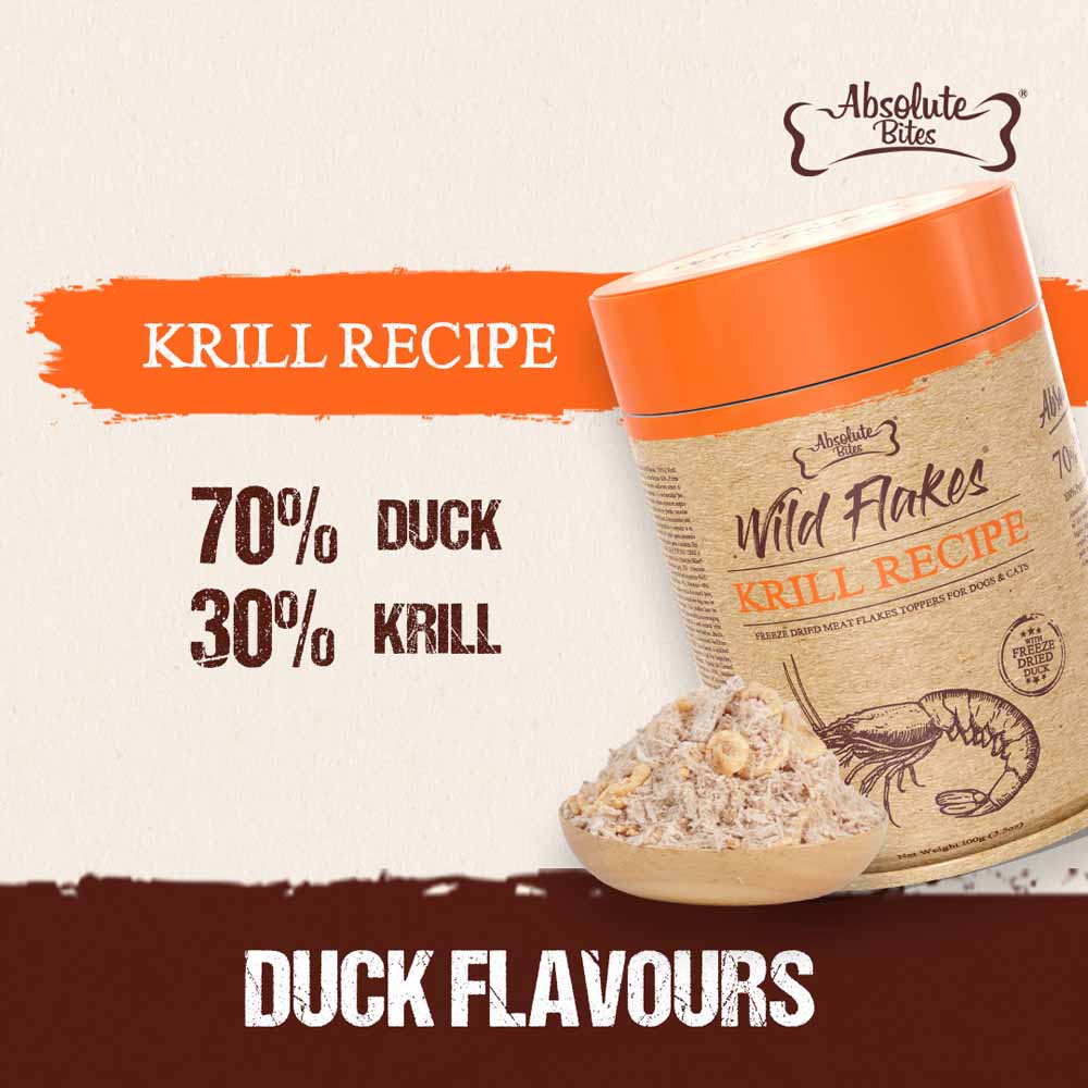 Absolute Bites Krill with Duck Freeze Dried Wild Flakes Toppers for Cats & Dogs 100g
