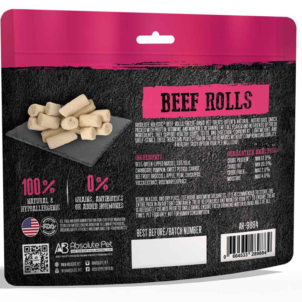 Absolute Holistic Beef Rolls Freeze Dried Raw Treats for Cats & Dogs 60g