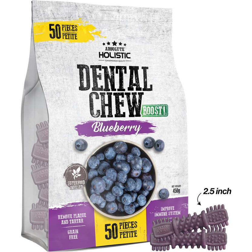 Image showcasing Absolute Holistic Boost Blueberry Petite Grain-Free Dental Dog Chews ...