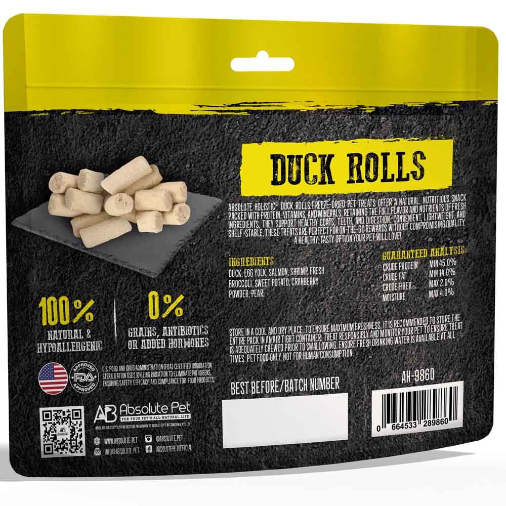 Absolute Holistic Duck Rolls Freeze Dried Raw Treats for Cats & Dogs 60g