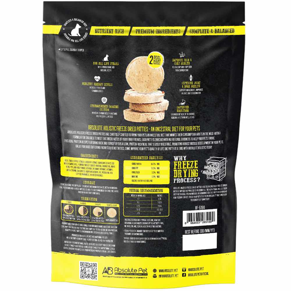 Absolute Holistic Patties Duck & Turkey Grain-Free Freeze-Dried Dog Food 12.7oz