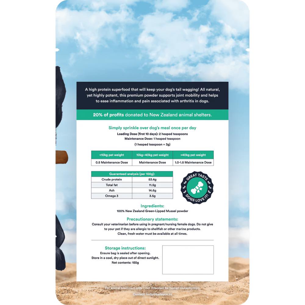 Bailey+Co New Zealand Green-Lipped Mussels Powder Advanced Joint Dog Supplement 150g