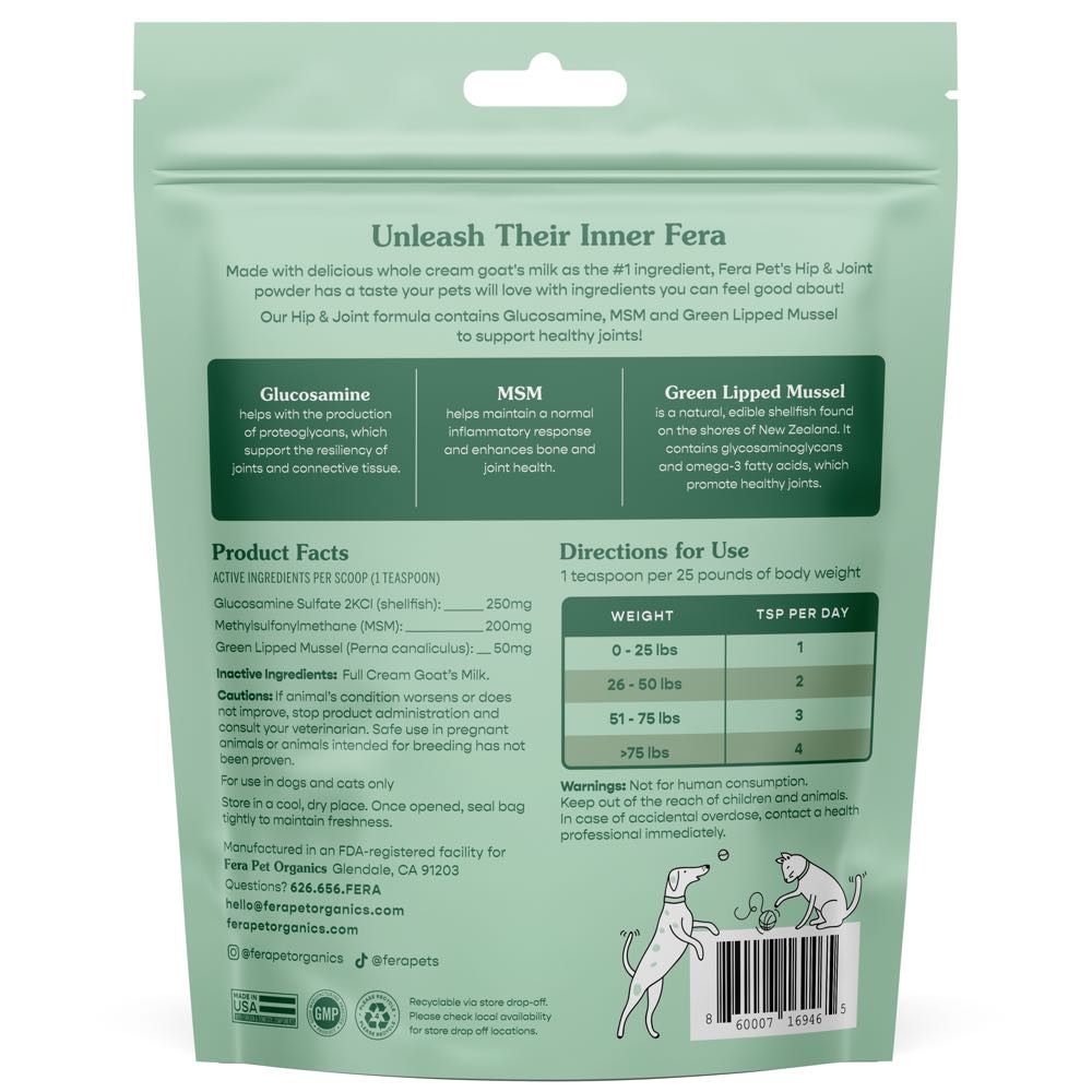 Fera Pets Hip & Joint Goat Milk Supplement Powder For Cats & Dogs 6