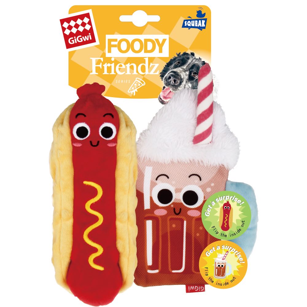 KOHE-VERSARY 10% OFF: GiGwi Foody Friendz Interactive Plush Dog Toy (Hot Dog & Root Beer Float)