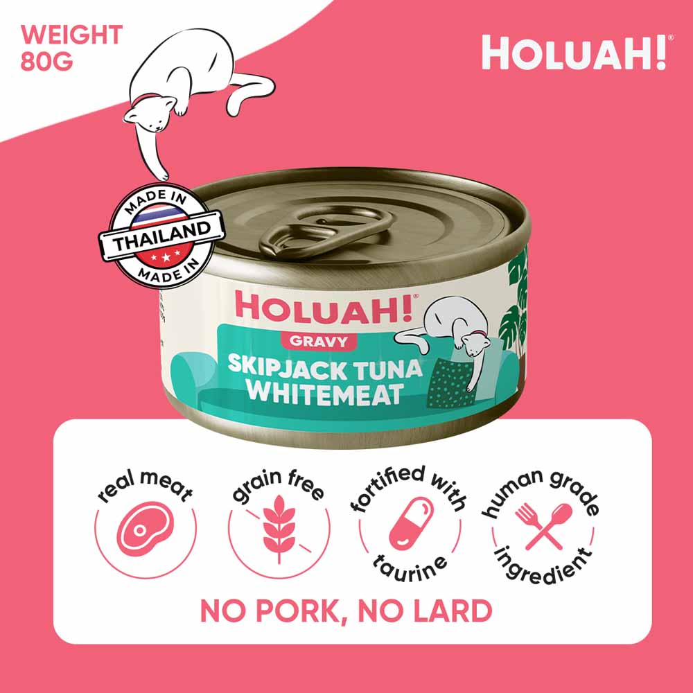 25% OFF: Holuah Skipjack Tuna Whitemeat In Gravy Canned Cat Food 80g