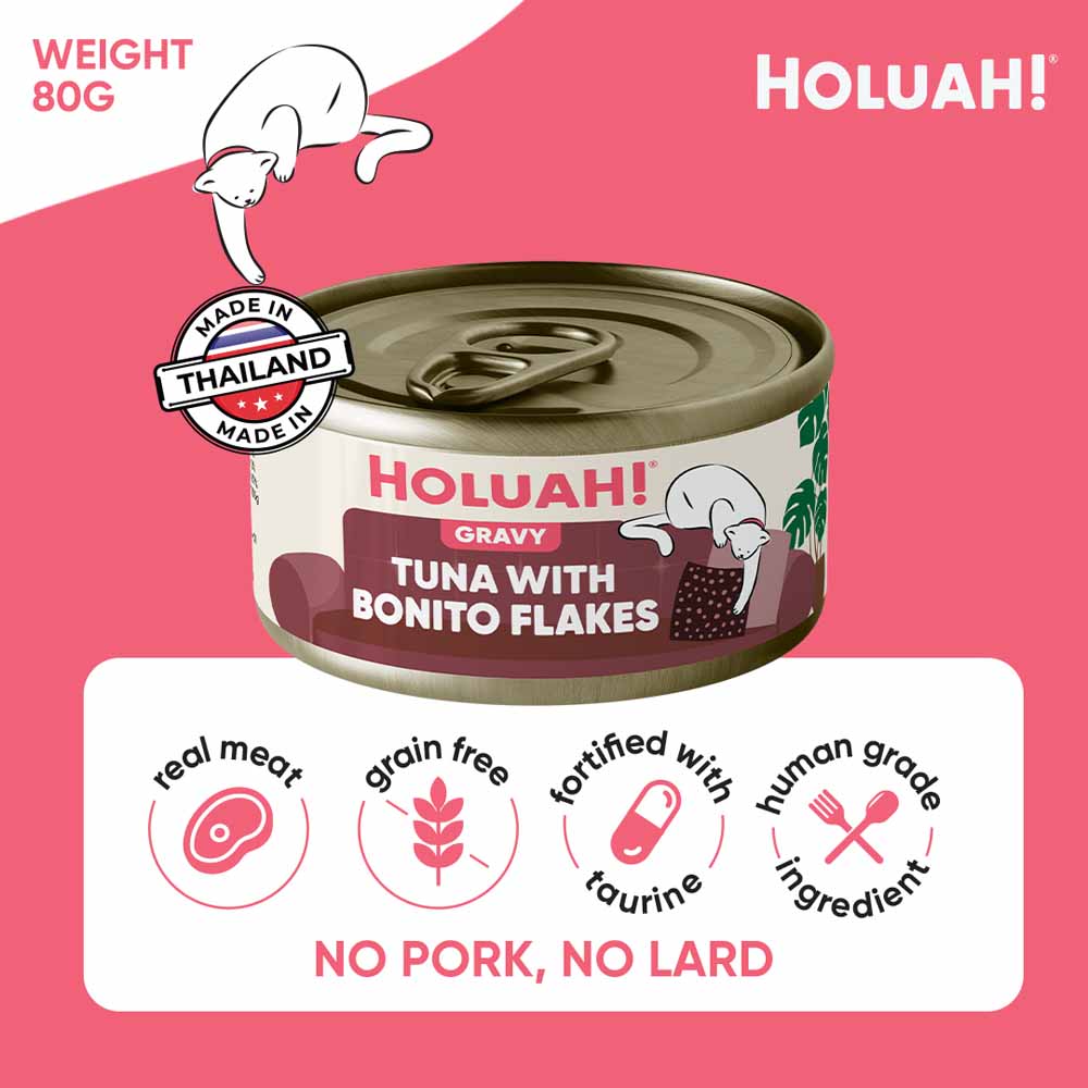 25% OFF: Holuah Tuna with Bonito Flakes In Gravy Canned Cat Food 80g