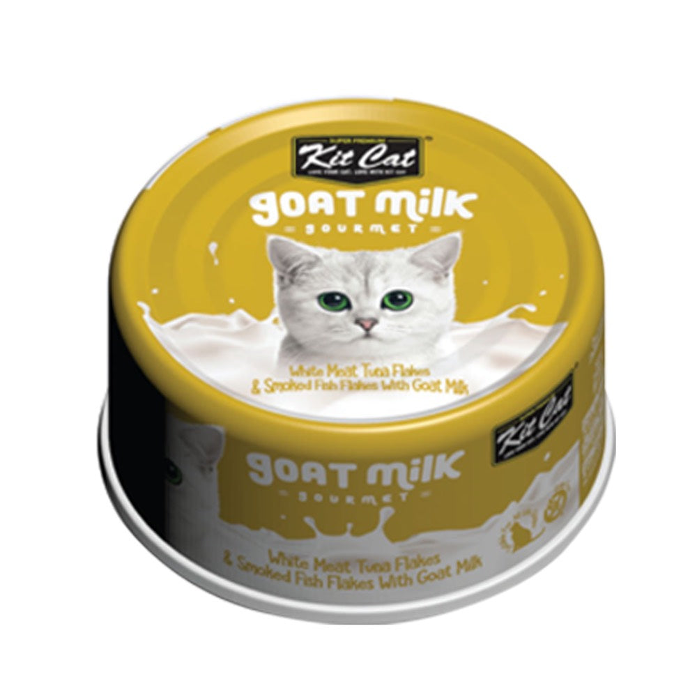 Kit Cat Goat Milk Gourmet White Meat Tuna Flakes & Smoked Fish Flakes Grain-Free Canned Cat Food 70g