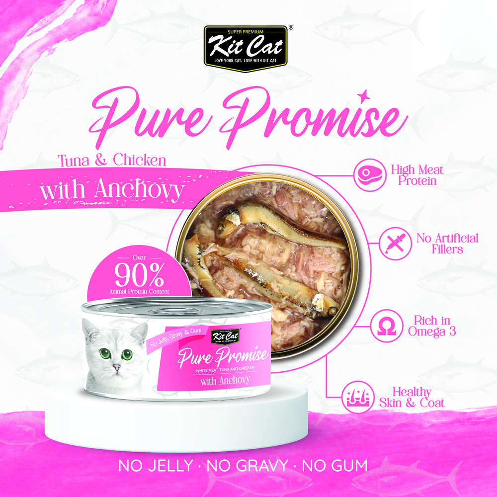 Kit Cat Pure Promise Tuna & Chicken With Anchovy Natural Slow-Cooked Canned Cat Food 80g - Box of 12