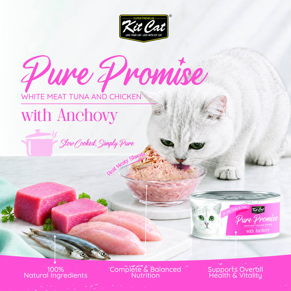 Kit Cat Pure Promise Tuna & Chicken With Anchovy Natural Slow-Cooked Canned Cat Food 80g - Box of 12