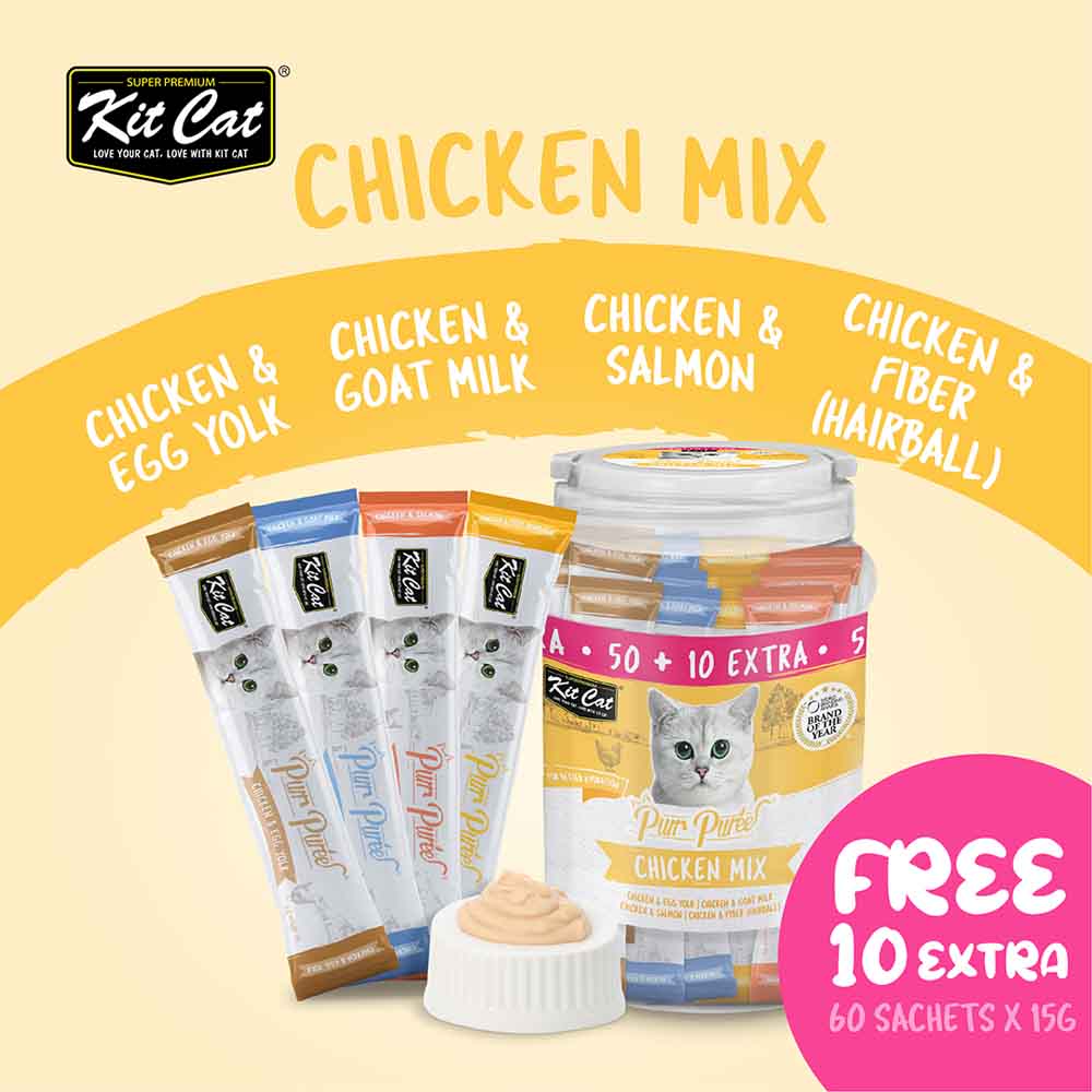 Kit Cat Purr Puree Chicken Mix Assorted Grain-Free Liquid Cat Treats 60 Sticks