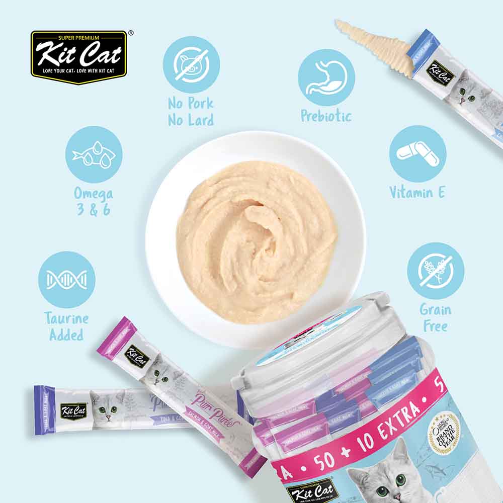Kit Cat Purr Puree Goat Milk Mix Assorted Grain-Free Liquid Cat Treats 60 Sticks