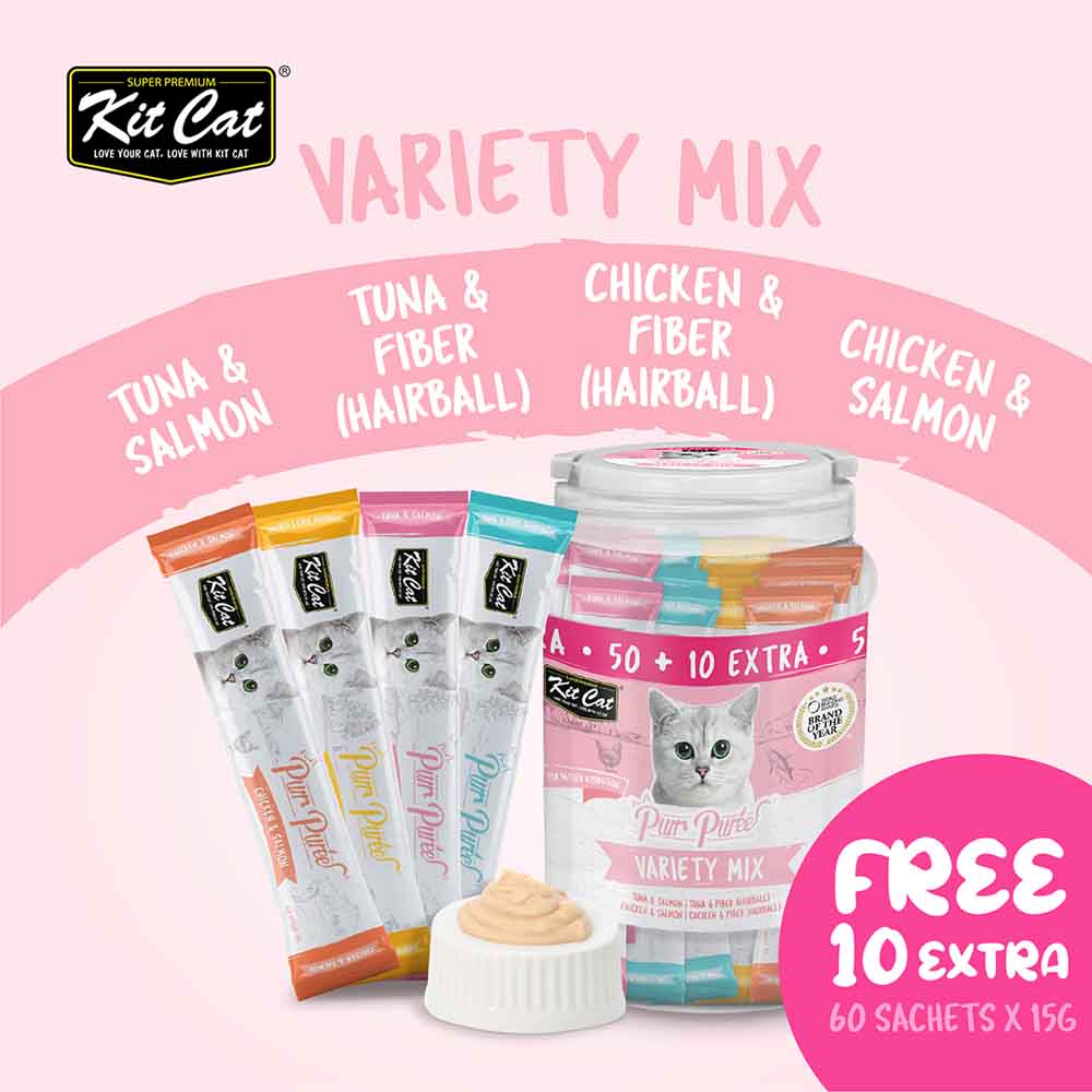 Kit Cat Purr Puree Variety Mix Assorted Grain-Free Liquid Cat Treats 60 Sticks