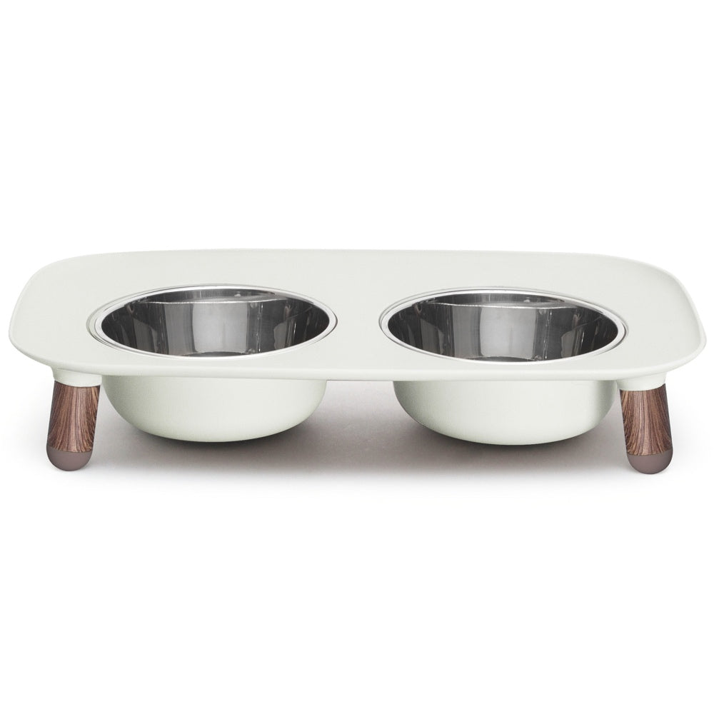 Messy Mutts Adjustable Elevated Double Feeder With Stainless Steel Dog Bowls (Light Grey, Faux Wood Legs)