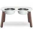 Messy Mutts Adjustable Elevated Double Feeder With Stainless Steel Dog Bowls (Light Grey, Faux Wood Legs)