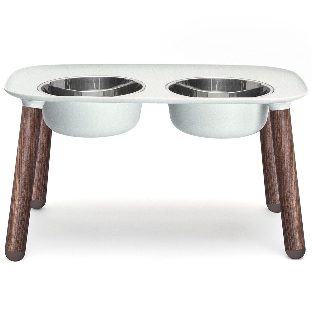 Messy Mutts Adjustable Elevated Double Feeder With Stainless Steel Dog Bowls (Light Grey, Faux Wood Legs)