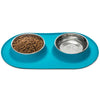 Messy Mutts Double Silicone Feeder With Stainless Steel Dog Bowls (Blue)