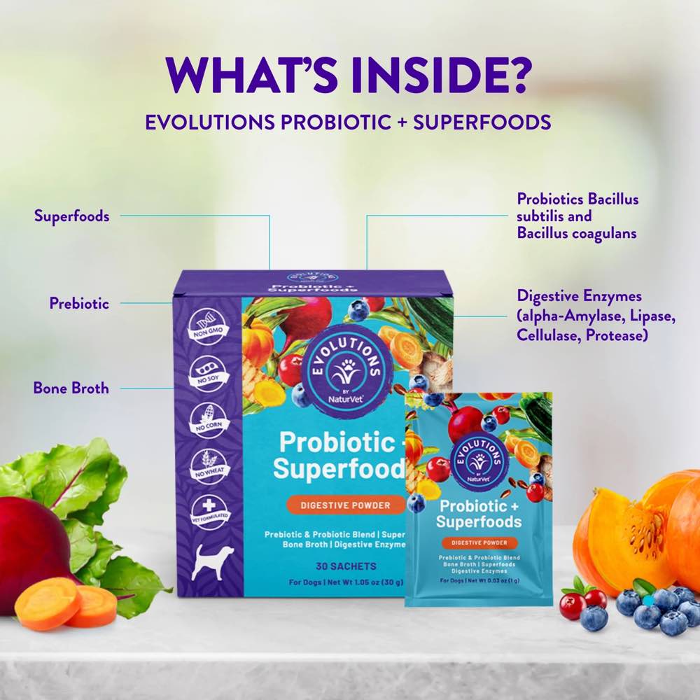 15% OFF: NaturVet Evolutions Probiotic + Superfoods Supplement Powder For Dogs 30pc
