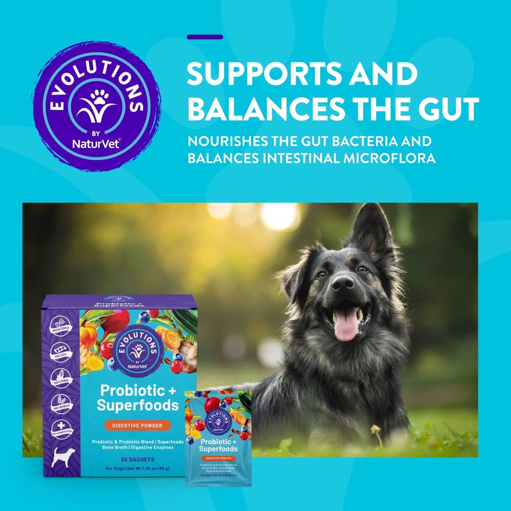 15% OFF: NaturVet Evolutions Probiotic + Superfoods Supplement Powder For Dogs 30pc