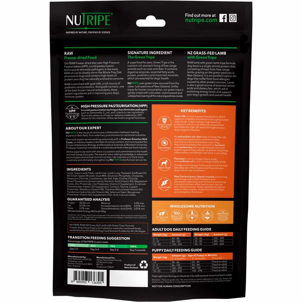 Nutripe Raw NZ Grass-Fed Lamb With Green Tripe Grain-Free Freeze-Dried Dog Food 400g