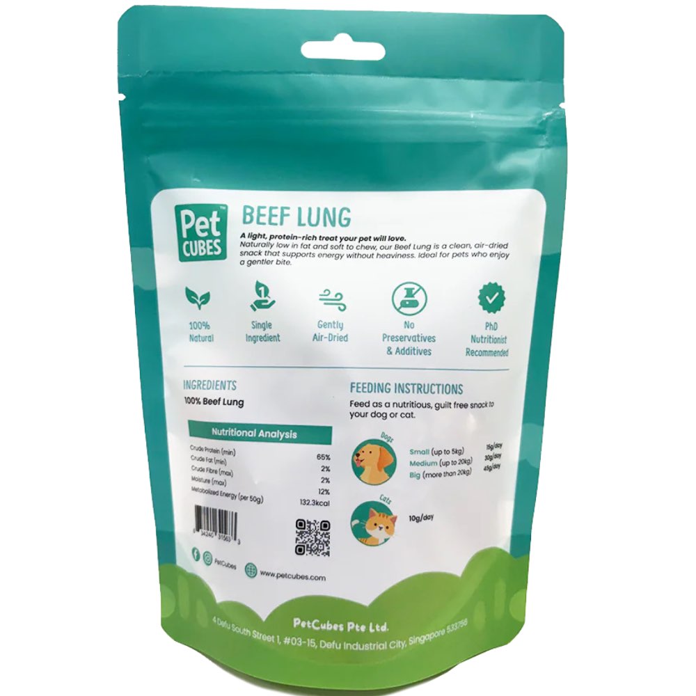 PetCubes Beef Lung Air Dried Treats For Cats & Dogs 50g