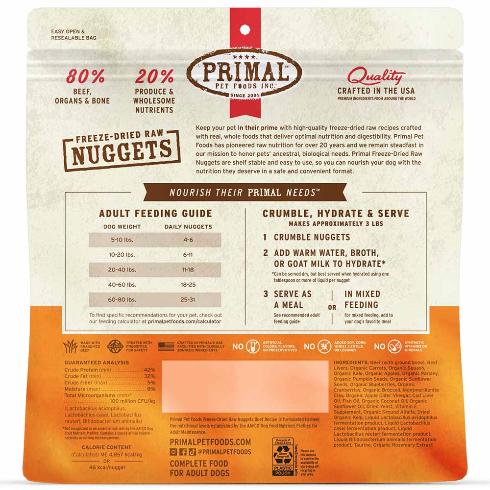 Primal Beef Freeze-Dried Raw Nuggets Dog Food 14oz - Kohepets