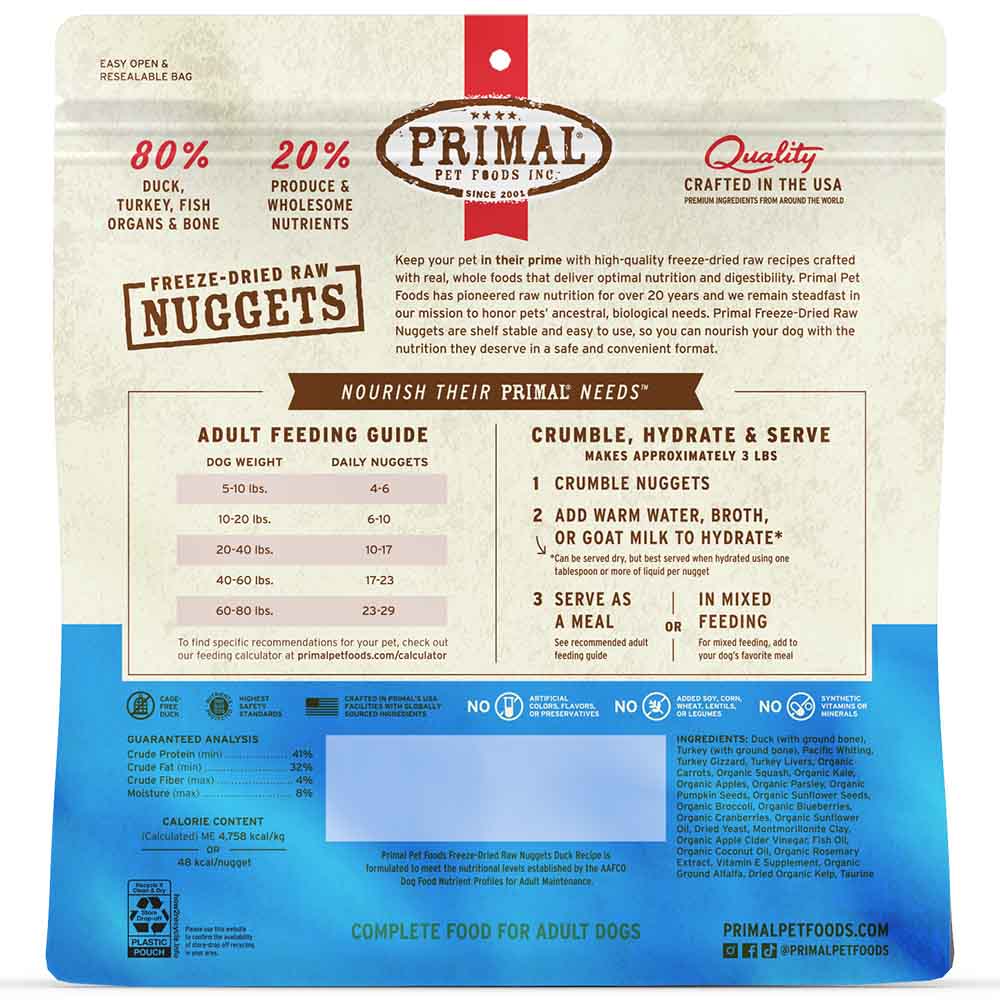 Primal Duck Freeze-Dried Raw Nuggets Dog Food 14oz - Kohepets