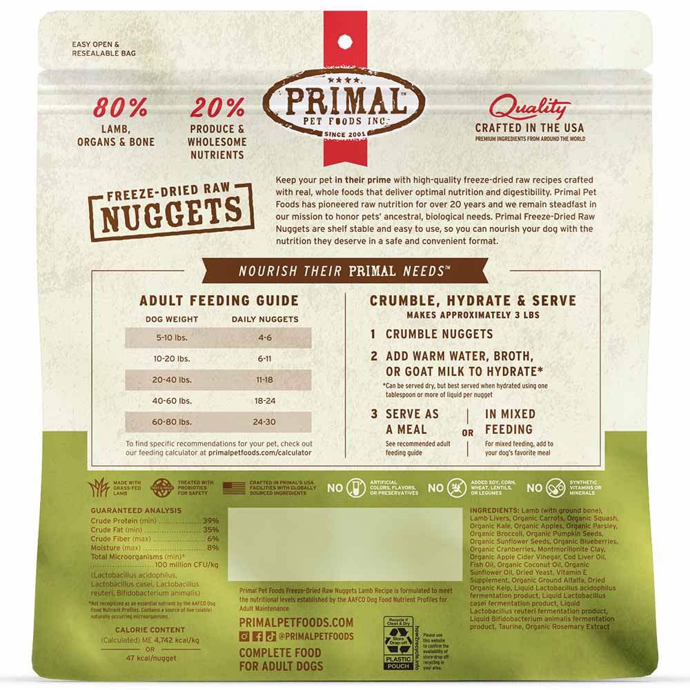 Primal Lamb Freeze-Dried Raw Nuggets Dog Food 14oz - Kohepets